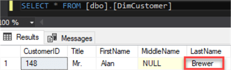 Image of Last Name record to update in Dim Customer table.