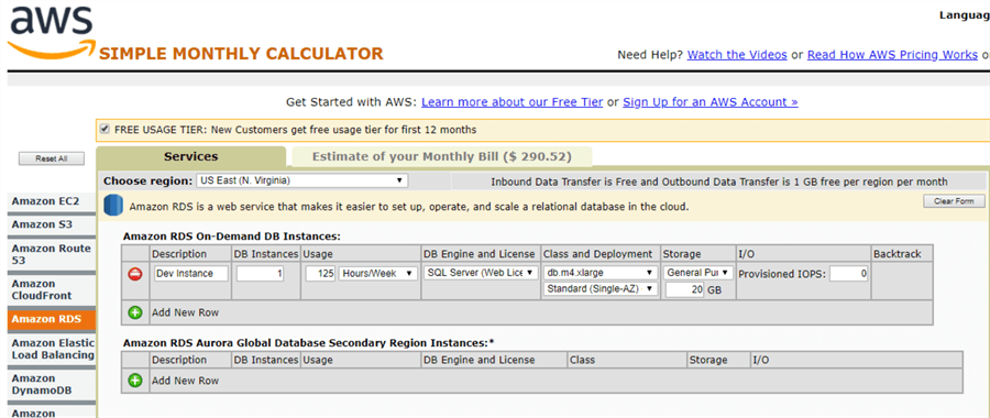 AWS RDS - Simple Monthly Calculator - SQL Server