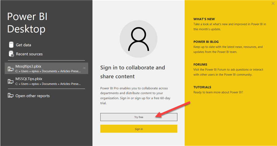 Power BI desktop homepage