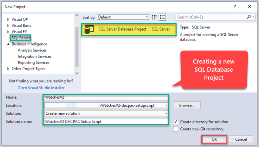 Creating a new SQL Database Project.
