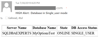 Notification for SQL Server Database in Single User Mode