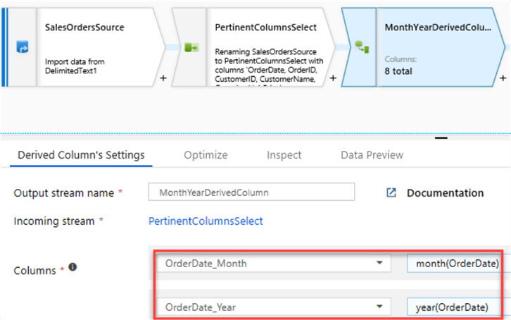 MSSQLTip14_DataFlowDerivedColumns Add Derived columns for month and year.