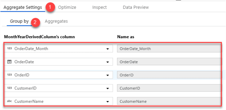 MSSQLTip14_DataFlowAggregatesettings Aggregate groupby settings