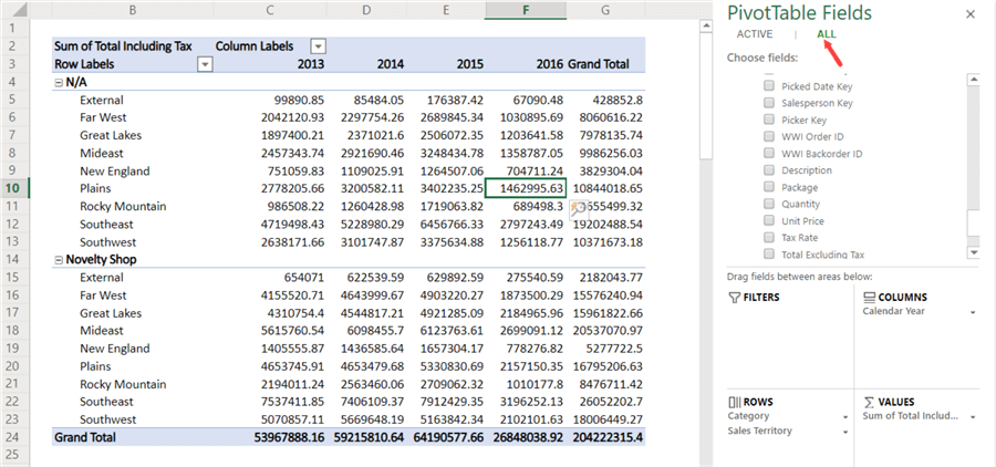 change pivottable
