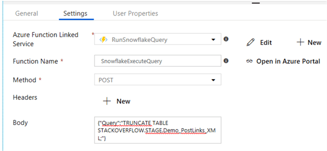 configure azure function activity