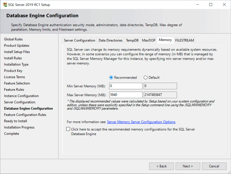 Min and Max server memory recommendations in setup.