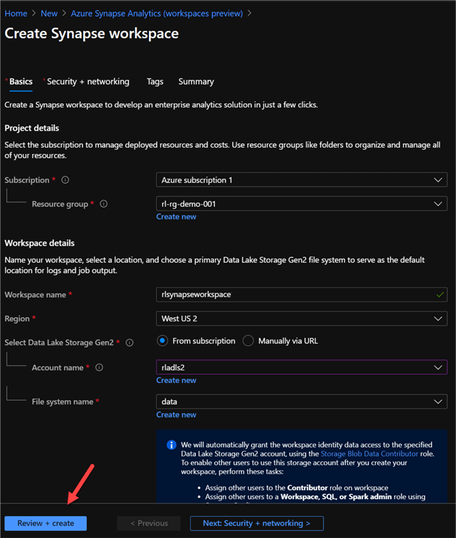 CreateSynapse Review and create synapse workspace