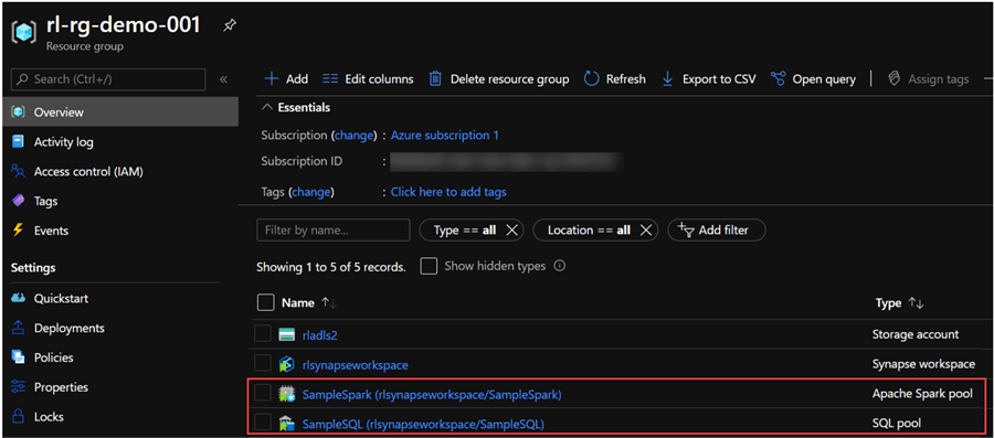 SQLSparkPool Image of SQL and Spark pools created in Azure Portal from sample demo.