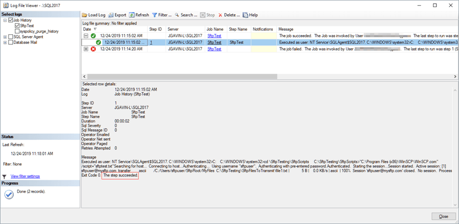 Successful SQL Agent Job Log