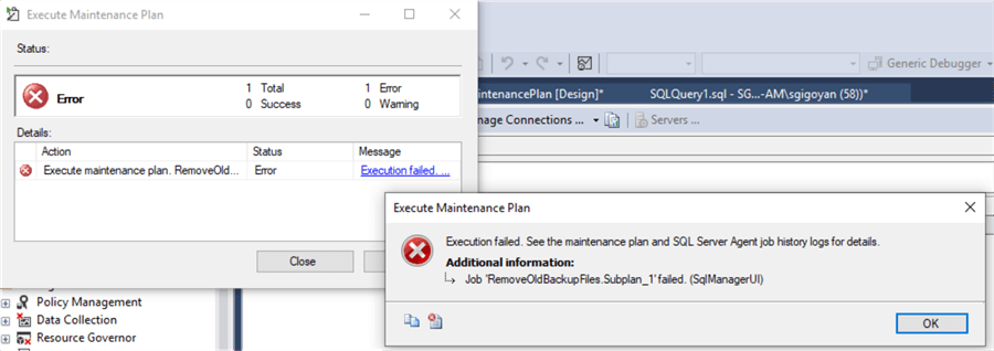 maintenance plan error