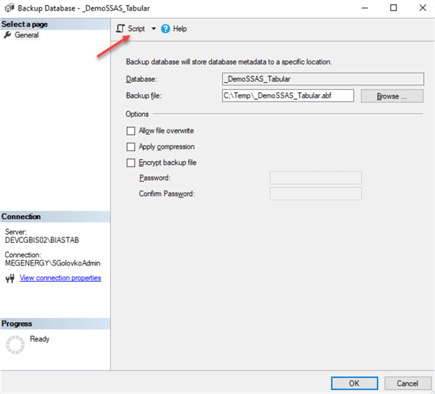 Generate backup script for the SSAS database