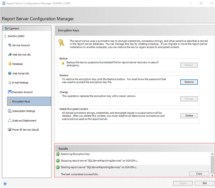 Encryption Key restored and SSRS restarted