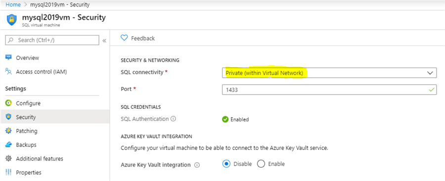 azure sql authentication settings