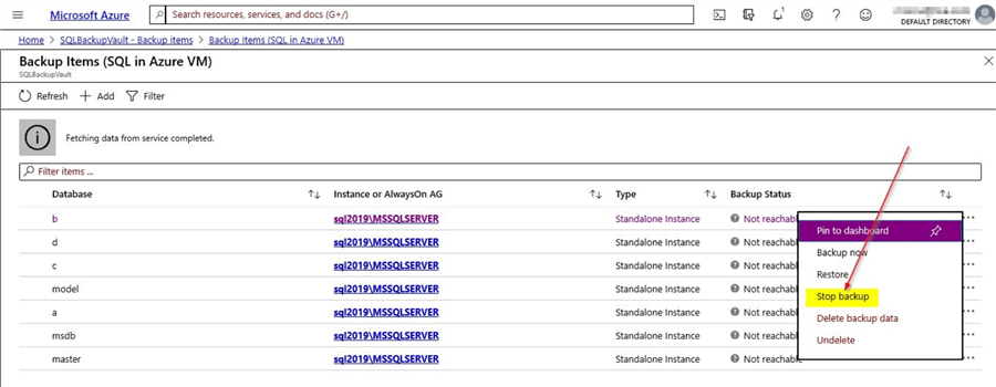 azure recovery services stop backup