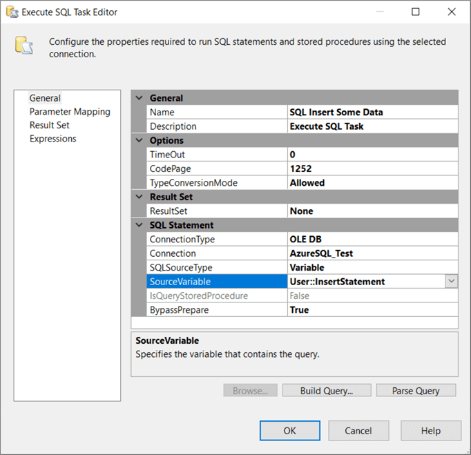 configure execute sql task