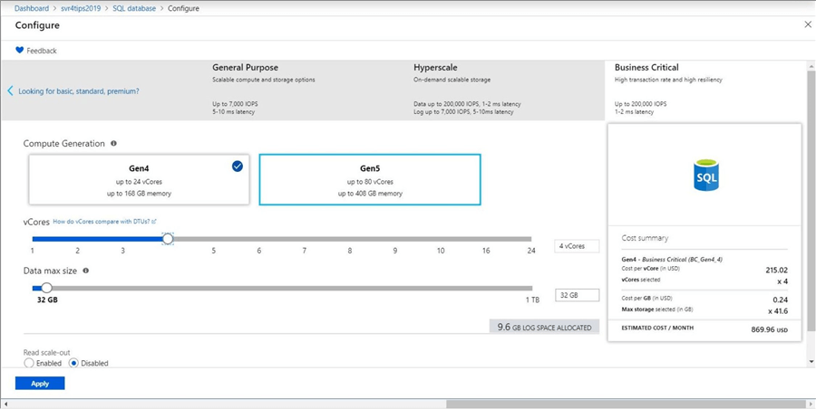 Deploying 4 core Gen4 database