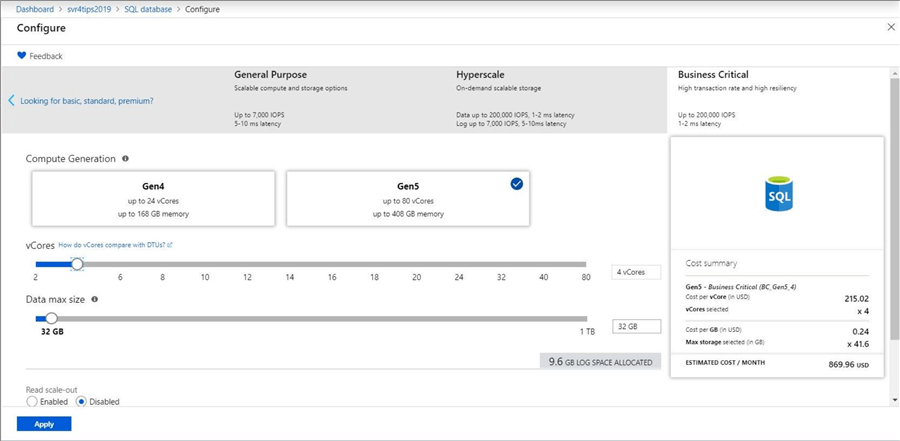 Deploying 4 core Gen5 database