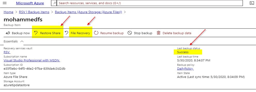 azure backup items detail