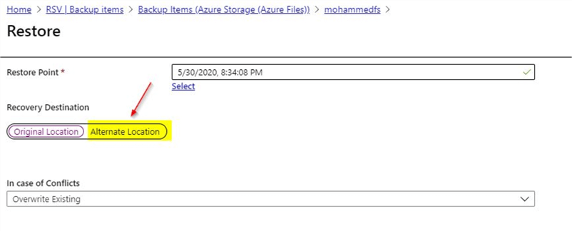 azure restore to alternate location