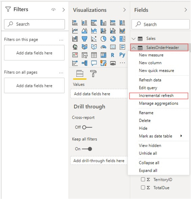 Navigating to the Incremental Refresh settings window