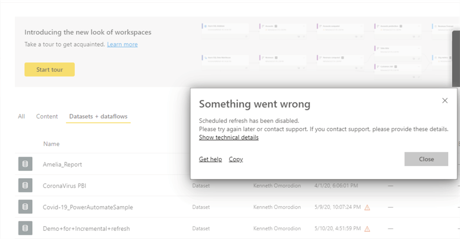 Power BI Service in the Dataset window with warning for activating Scheduled Refresh.
