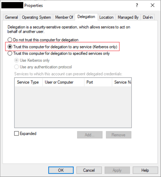 Example of an Active Directory object with unconstrained delegation enabled.