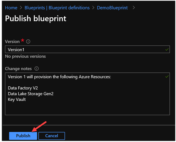PublishVersionBlueprint Image of publish blueprint details.