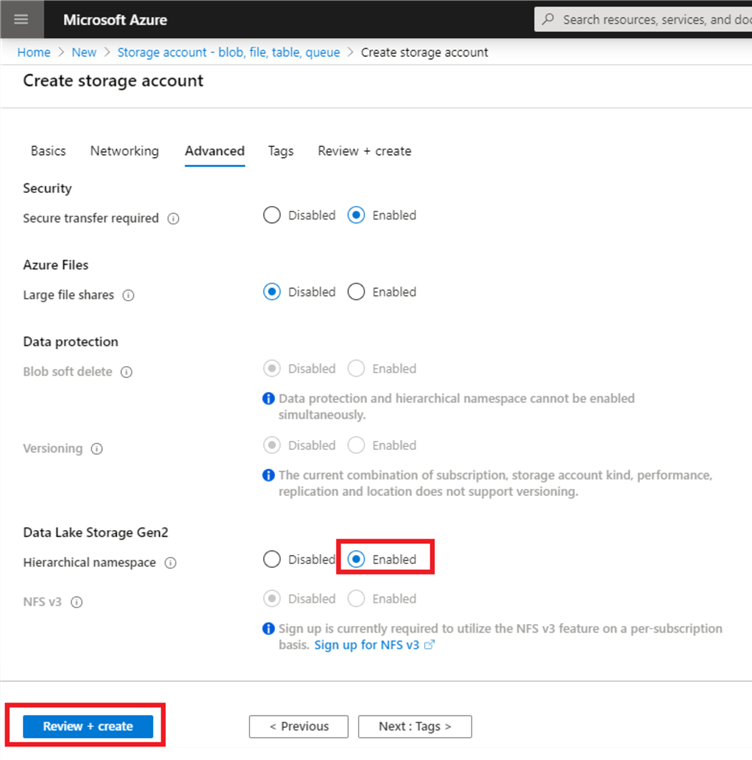 Shows the Advanced tab in the form for creating a new storage account