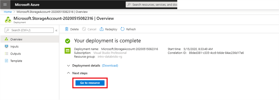 Shows the deployment complete of the storage account
