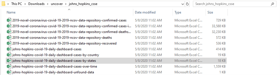 Shows a list of CSVs from the dataset with the one that we are going to use highlighted