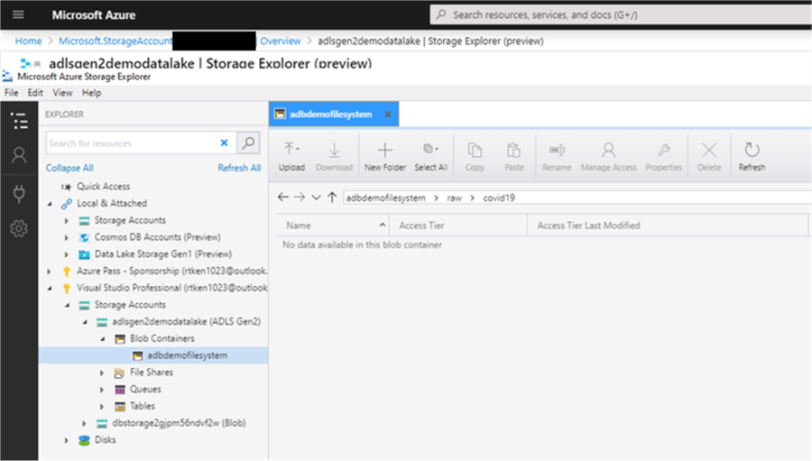 Shows the folder structure being created through Azure Storage Explorer