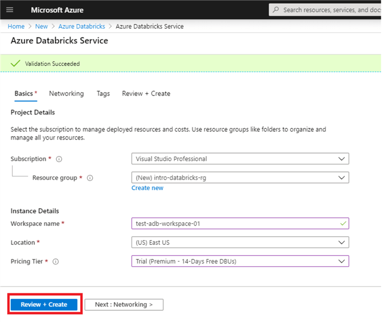 Shows the Basics tab of the Databricks creation form filled out