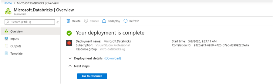 Shows the screen for a completed Databricks deployment