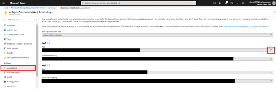 Shows how to get your access keys from the storage account resource