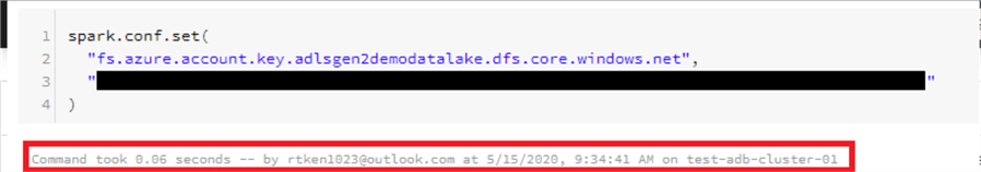 Shows the command running successfully in Databricks to set the context to connect to the data lake