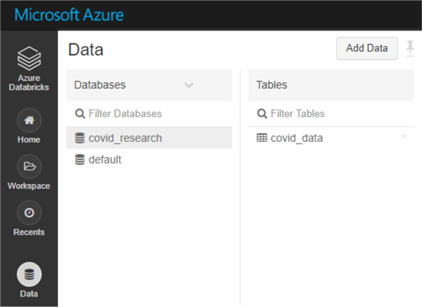 Shows the table we just created in the Data tab in Databricks