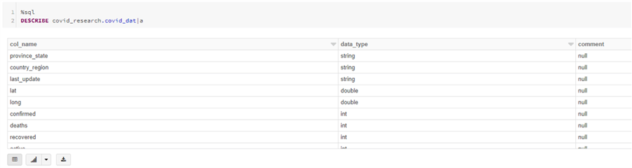 Shows a describe statement on the table to print out the schema of the table we just created