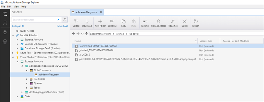 Shows the folder path in the Datalake where we created our table using Azure Storage Explorer