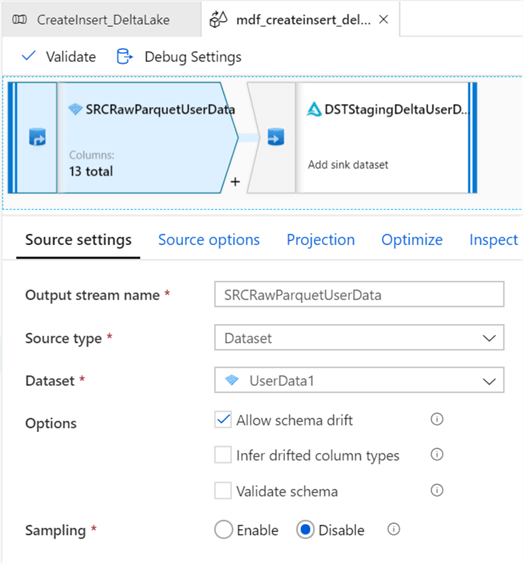 MDFInsertSettingsSourc Image of mapping data flows etl flow source settings for Inserts