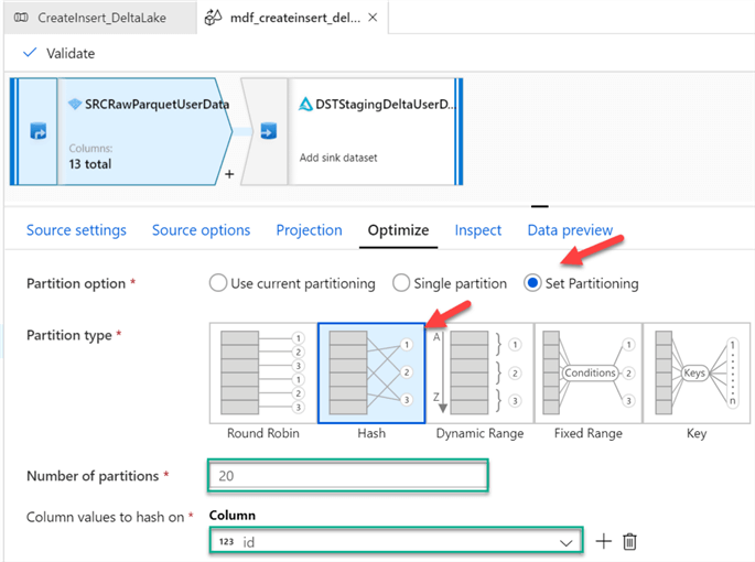 MDFOptimizeInsertSourc Image of Optimize settings for MDF partitioning.