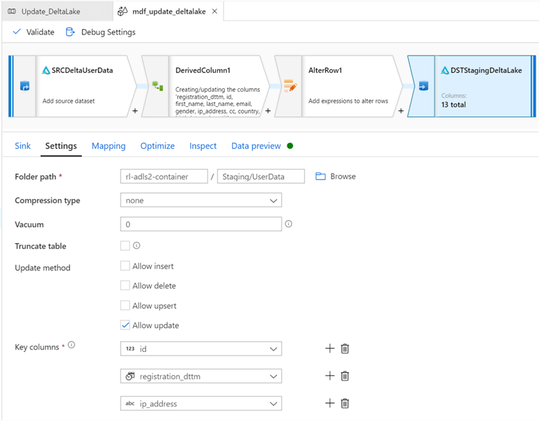 MDFUpdateSink Image of update settings for mdf sink.