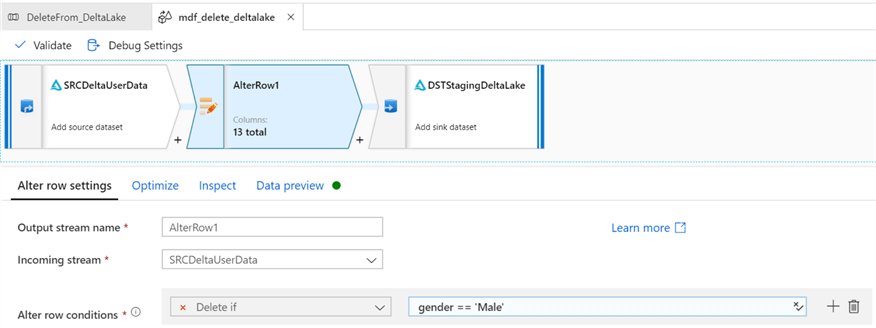 MDFDeleteAlterRow Image of Alter Row settings for delete delta