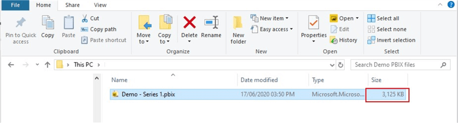 Screenshot showing initial size of pbix with all columns