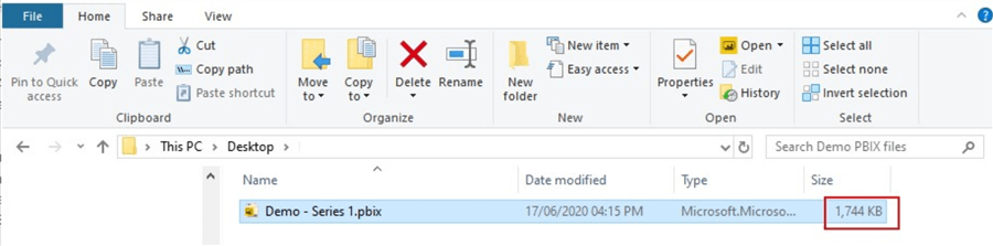 Screenshot showing final size of pbix with reduced columns