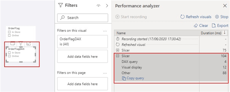 Screenshot showing Query refresh time for DAX created slicer