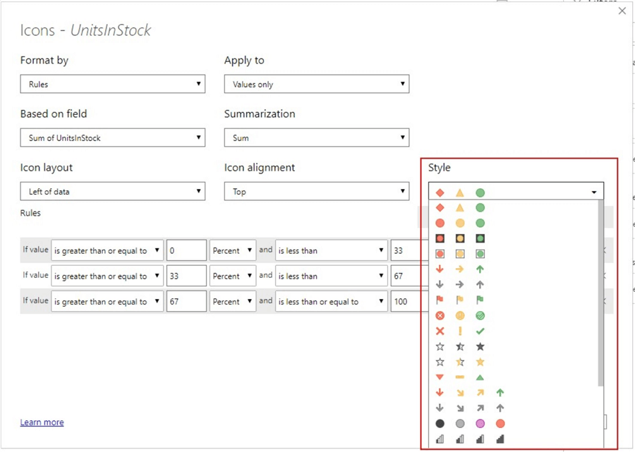 Snapshot showing default Icon Styles in Power BI desktop