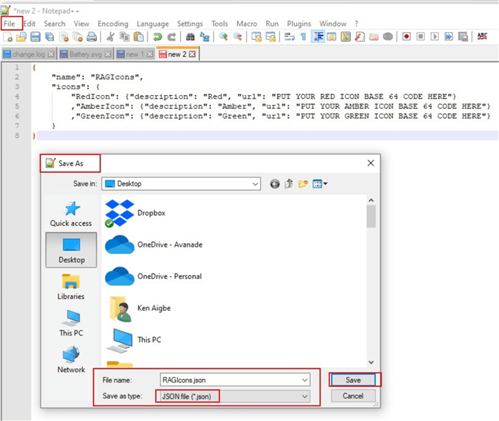 Snapshot showing how to save converted icons as json format.