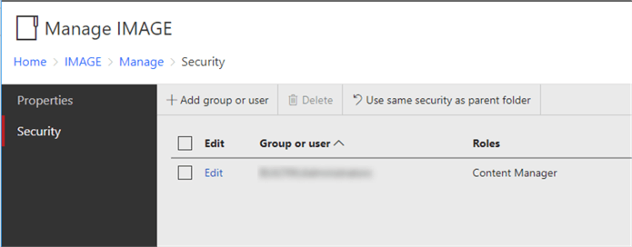 The screenshot demonstrates the security page of the IMAGE folder.