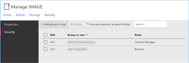 The screenshot shows the security page of the IMAGE folder.