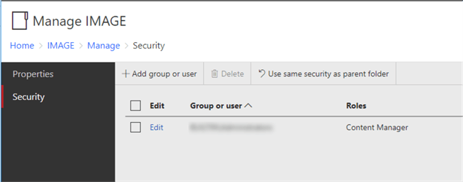 The screenshot demonstrates the security page of the IMAGE folder.